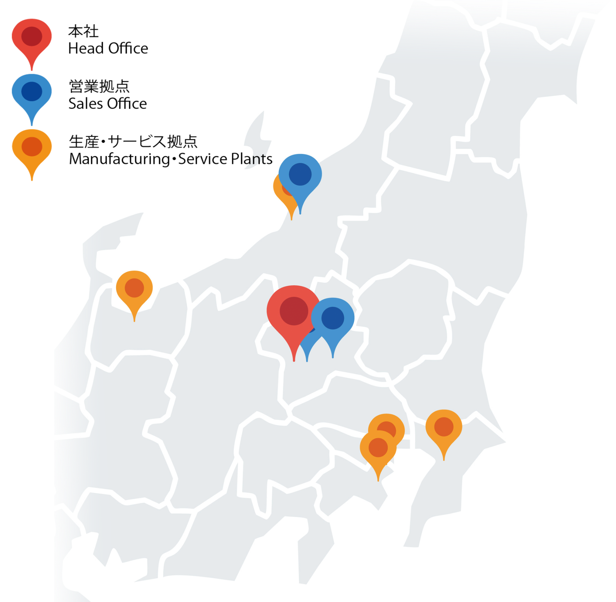 ｲﾗｽﾄ：日本地図に会社の拠点がマークされている